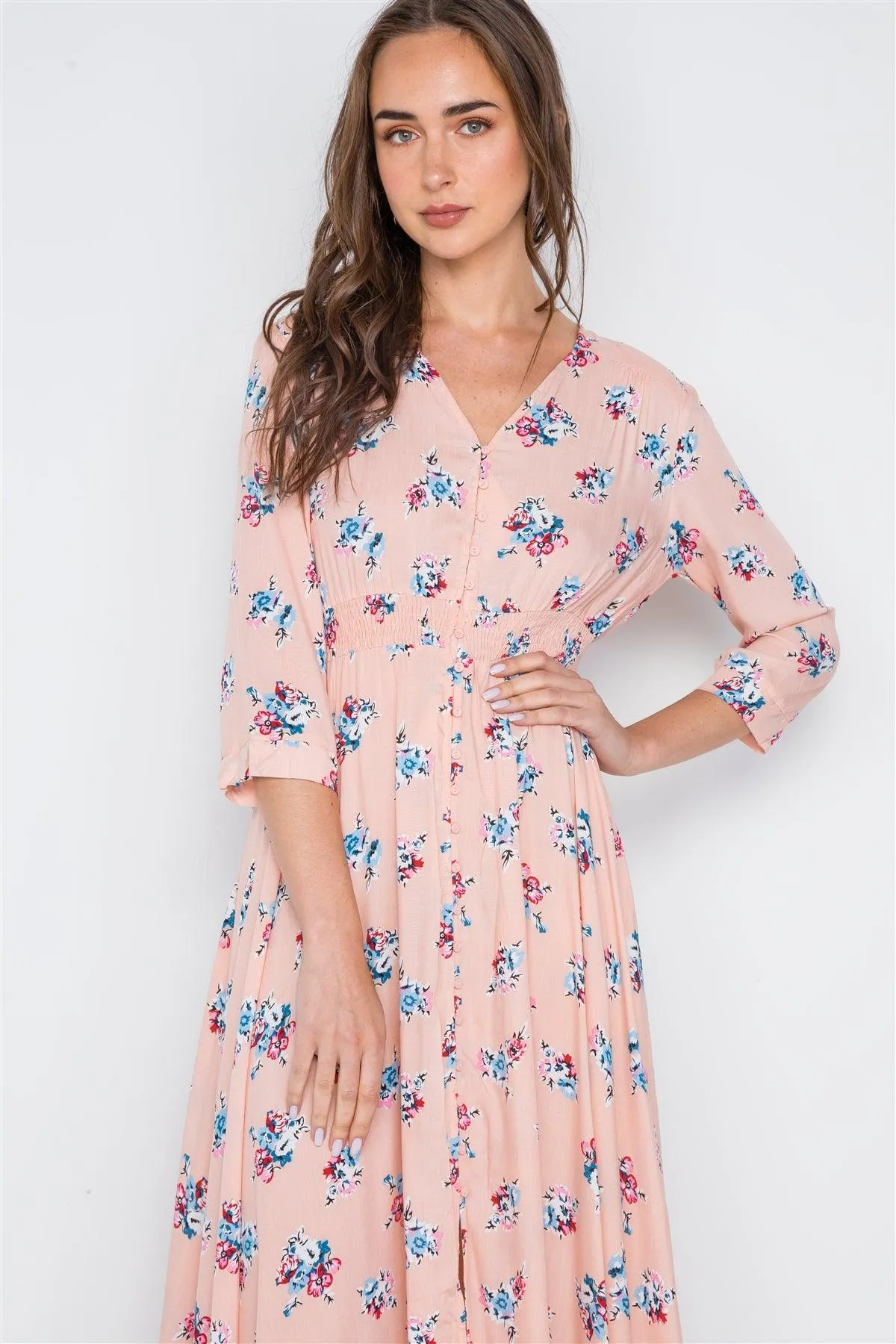 Pink Floral Button Down 3/4 Sleeve Maxi Dress - Image 3