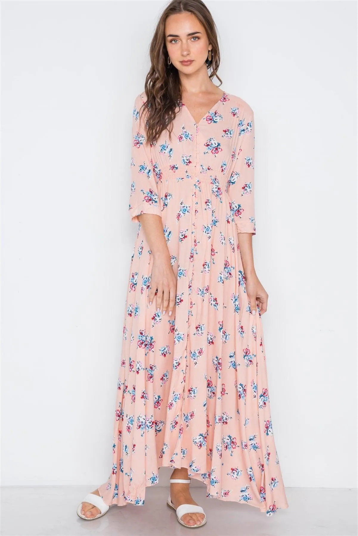 Pink Floral Button Down 3/4 Sleeve Maxi Dress - Image 4