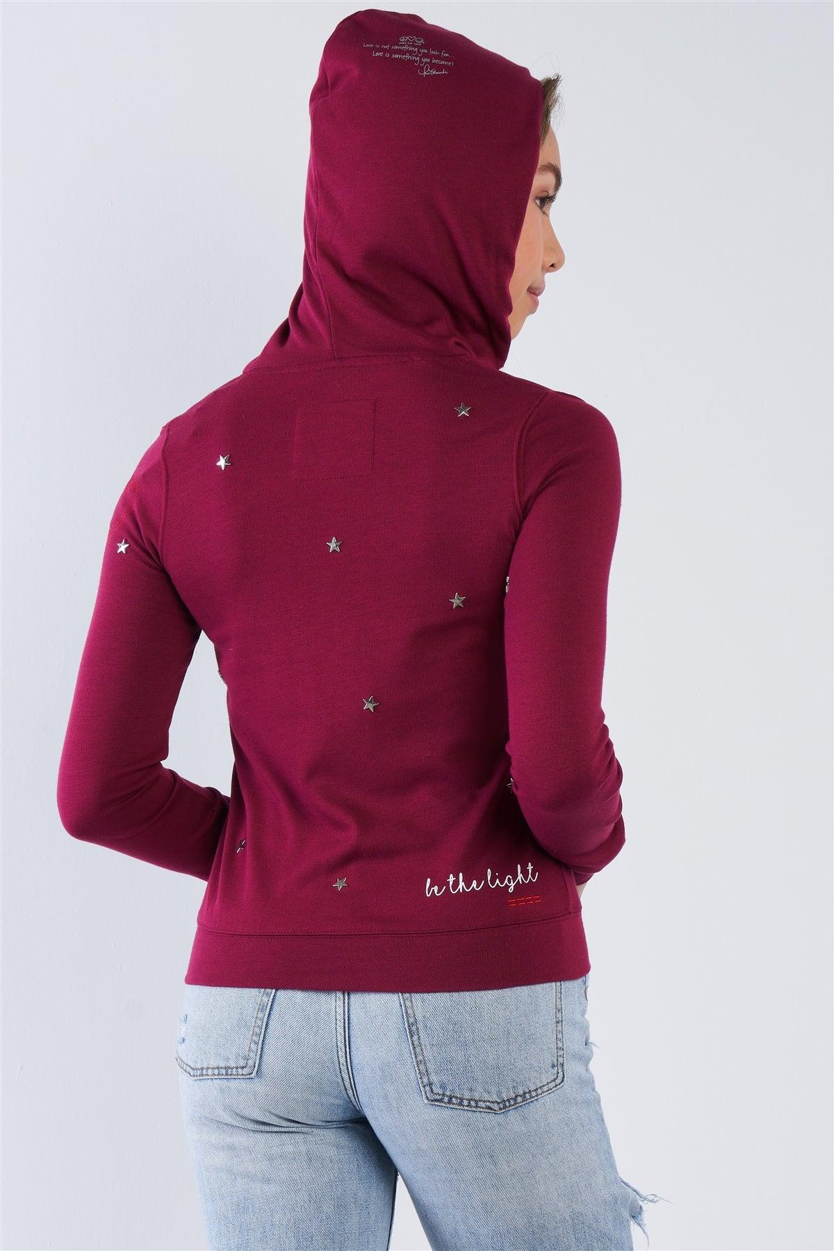 Plum Long Sleeve "Be The Light" Graphic Star Studded Comfy Zip Up Hoodie - Image 3