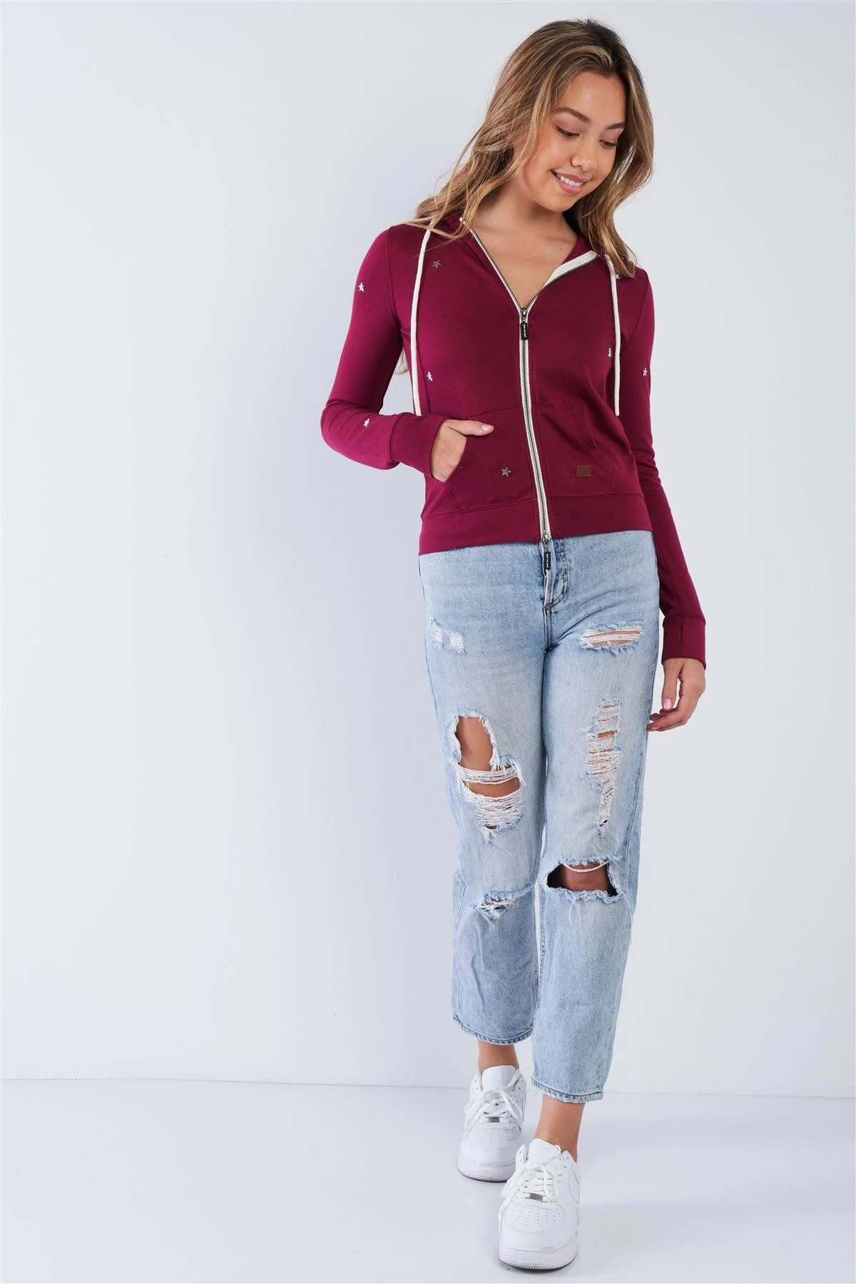 Plum Long Sleeve "Be The Light" Graphic Star Studded Comfy Zip Up Hoodie - Image 4